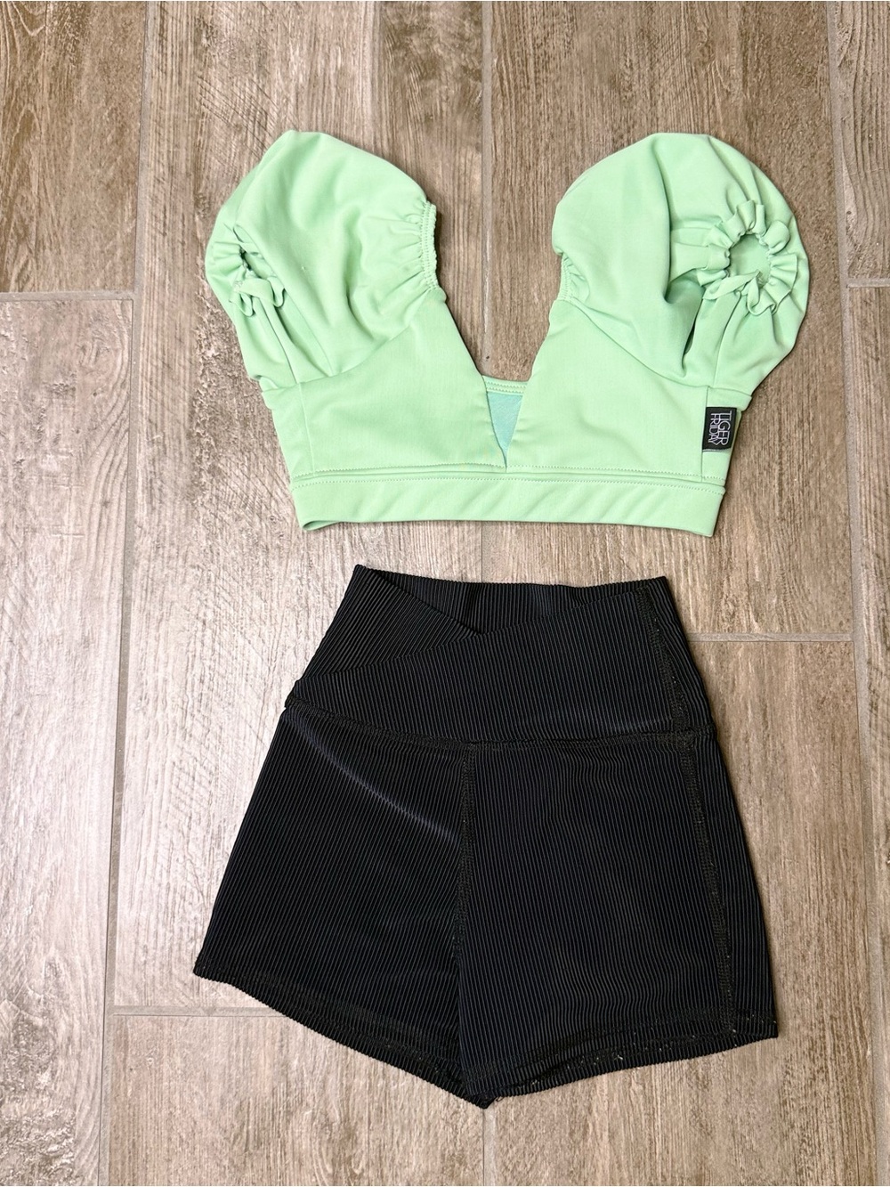 Tiger Friday Set Mint Green Top with Black High-Waist Ribbed Shorts